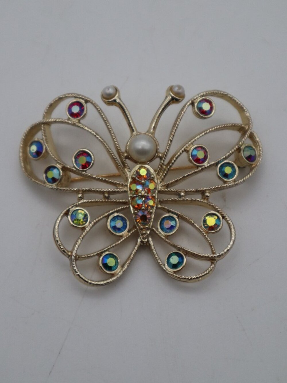 Emmons Aurora Borealis AB Rhinestones Butterfly Brooch Pin Faux Pearls Gold Tone